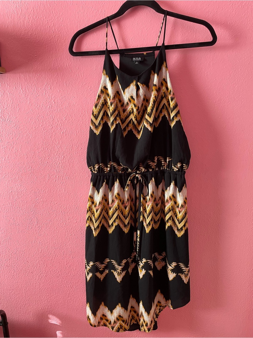 a.n.a Black Midi Dress with Gold and White Chevron Print